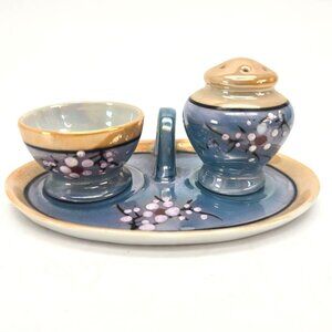 Vintage Lusterware Egg Coddler & Salt Shaker Set With Tray Blue Peach je160